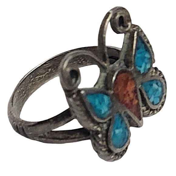 Vtg Sterling Silver Turquoise Chip Native American Hopu  Butterfly Ring Size 7 - Picture 2 of 5